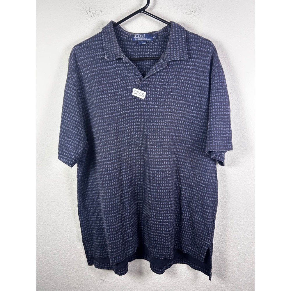 Polo Ralph Lauren Mens XL Navy Blue Geometric Diamond Print Cotton Polo Shirt‎